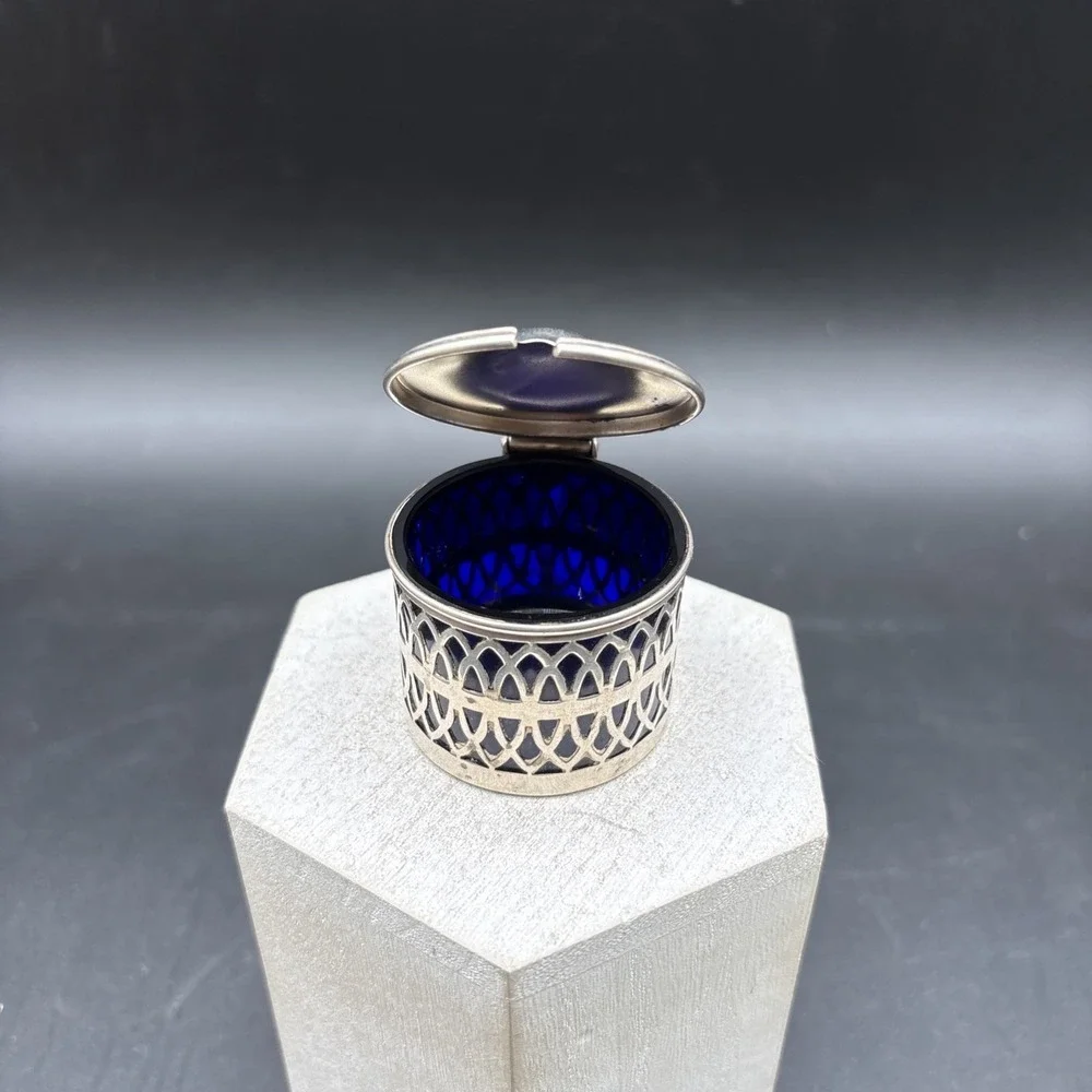 Sterling Silver 925 Mustard Pot Cobalt Blue Glass Liner Openwork Vintage